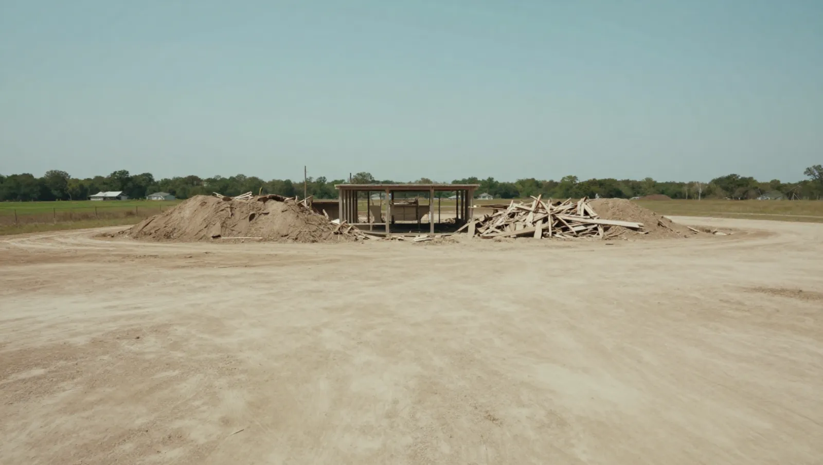 Demolition in Houston, Texas — completed work Dirt construction site terrain has sand piles and wooden debris near an unfinished structure; no visible machinery present — demolition in Houston, Texas