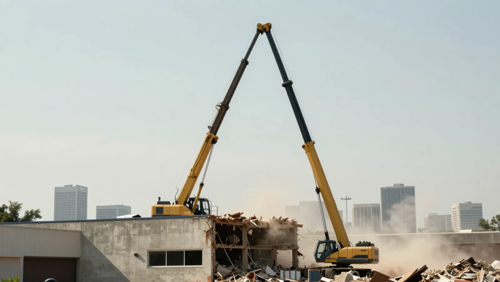 Demolition in Houston, Texas — Daniel Dean Land Clearing Two yellow cranes demolish a building at an urban construction site, creating dust clouds — demolition in Houston, Texas