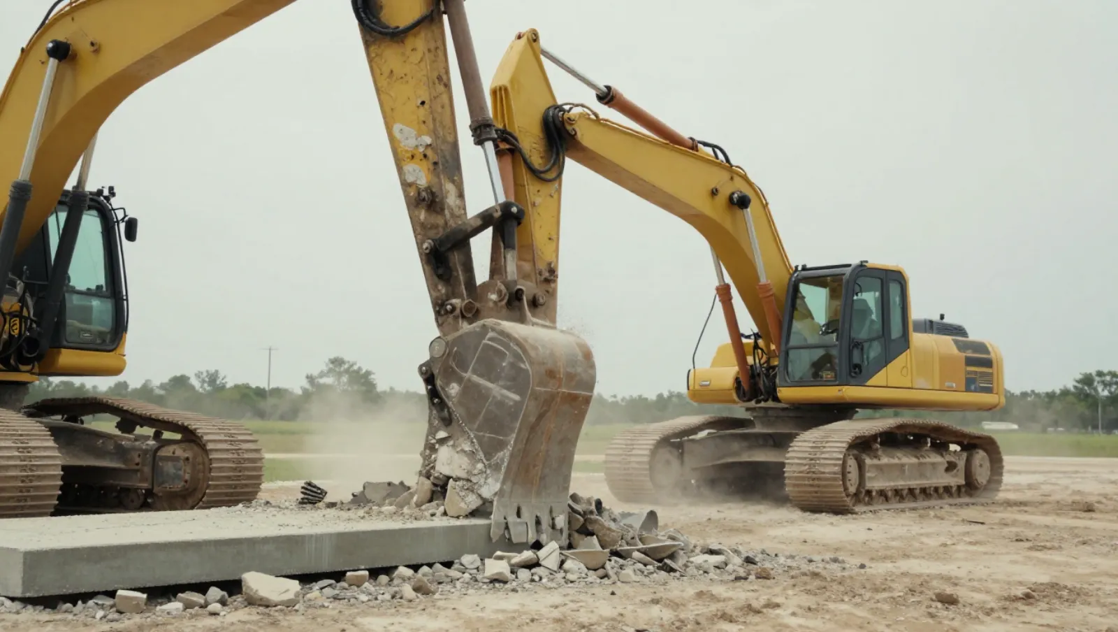 Demolition in Pearland, Texas — work underway Two yellow excavators demolish concrete on a dusty construction site, kicking up rubble — demolition in Pearland, Texas