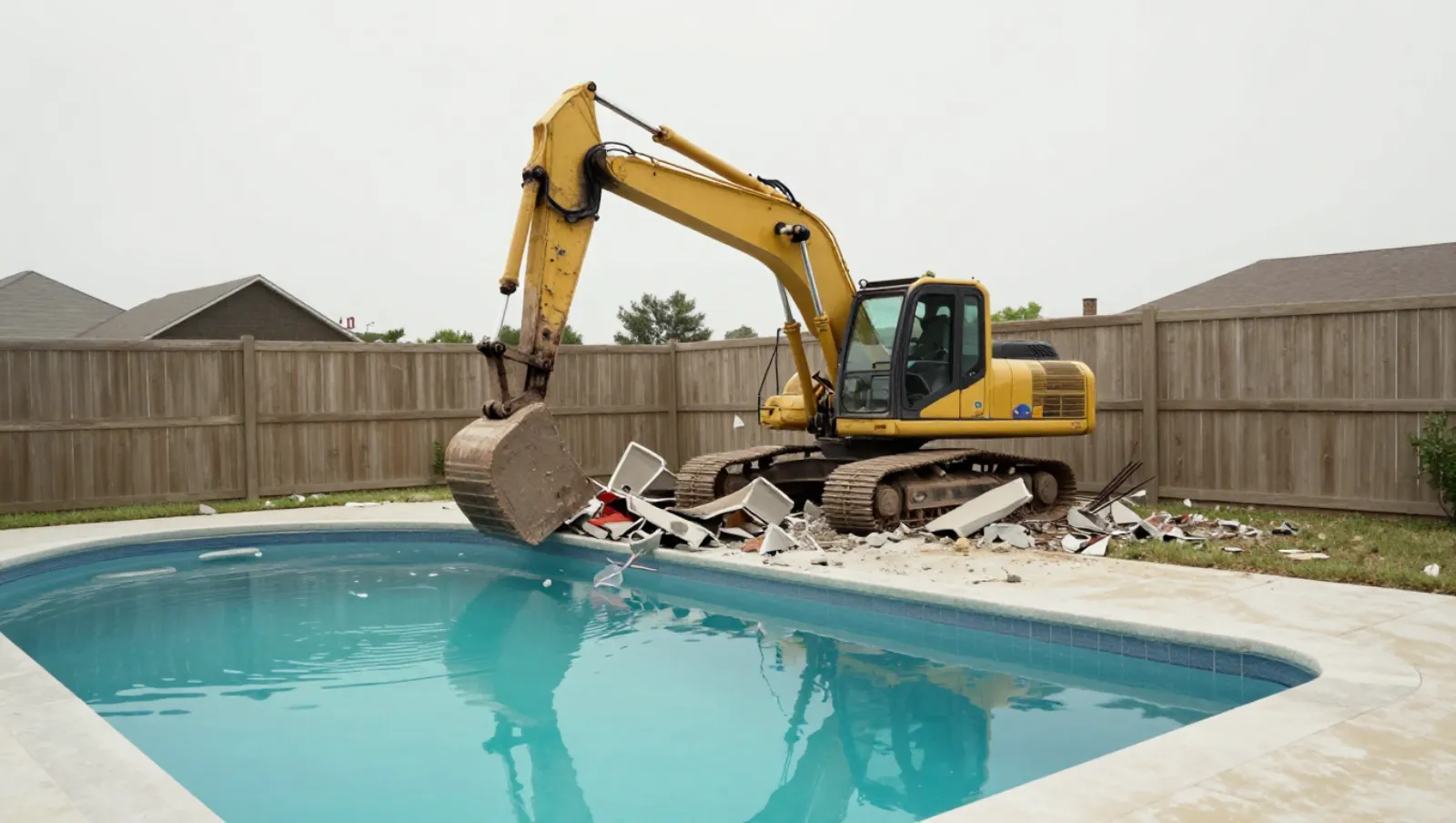 Demolition in Pearland, Texas — Daniel Dean Land Clearing Yellow excavator demolishes debris beside a swimming pool in a fenced backyard — demolition in Pearland, Texas