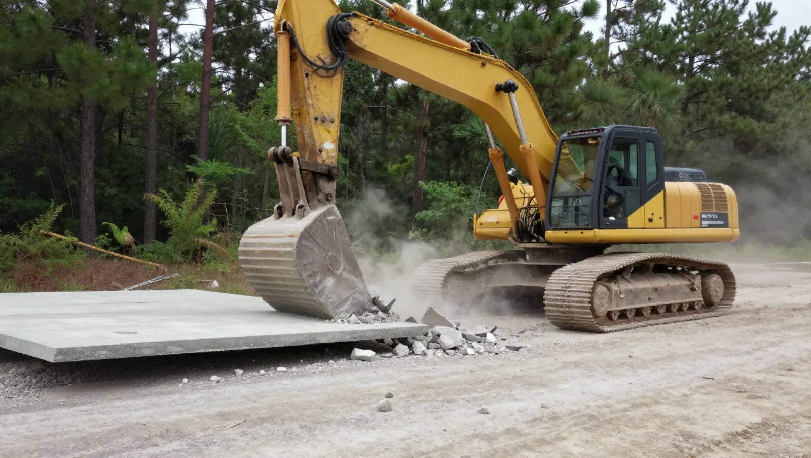 Demolition in Spring, Texas — work underway Yellow excavator breaks concrete slab on dirt terrain near forested area — demolition in Spring, Texas