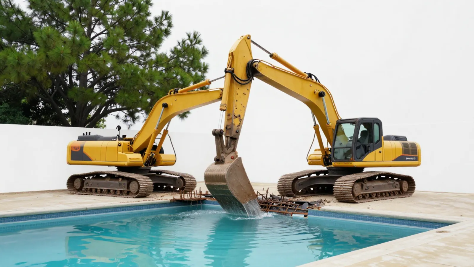 Demolition in Spring, Texas — Daniel Dean Land Clearing Two yellow excavators operate near a swimming pool, moving debris from water onto the concrete deck — demolition in Spring, Texas