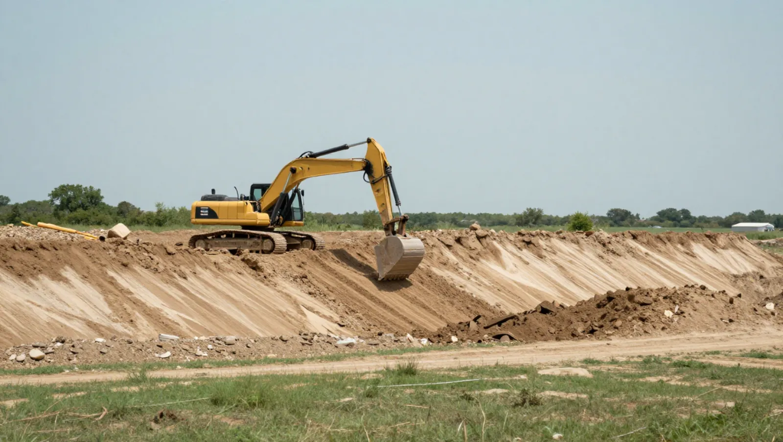 Detention pond construction in Katy, Texas — work underway Yellow excavator digs earth from a large dirt mound with rocks and gravel — detention pond construction in Katy, Texas