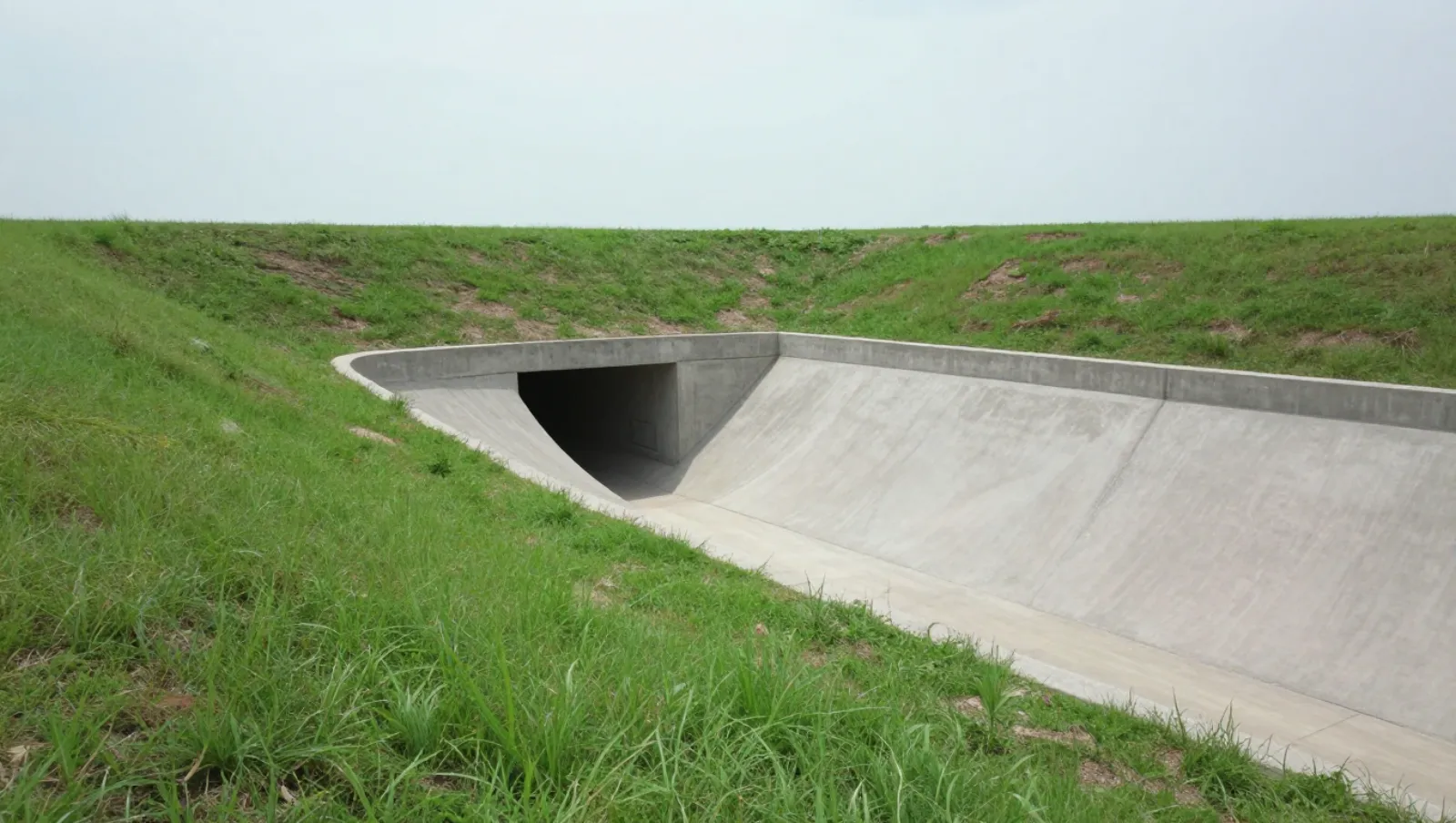 Detention pond construction in Katy, Texas — completed work Concrete drainage culvert built on grassy embankment for water management — detention pond construction in Katy, Texas
