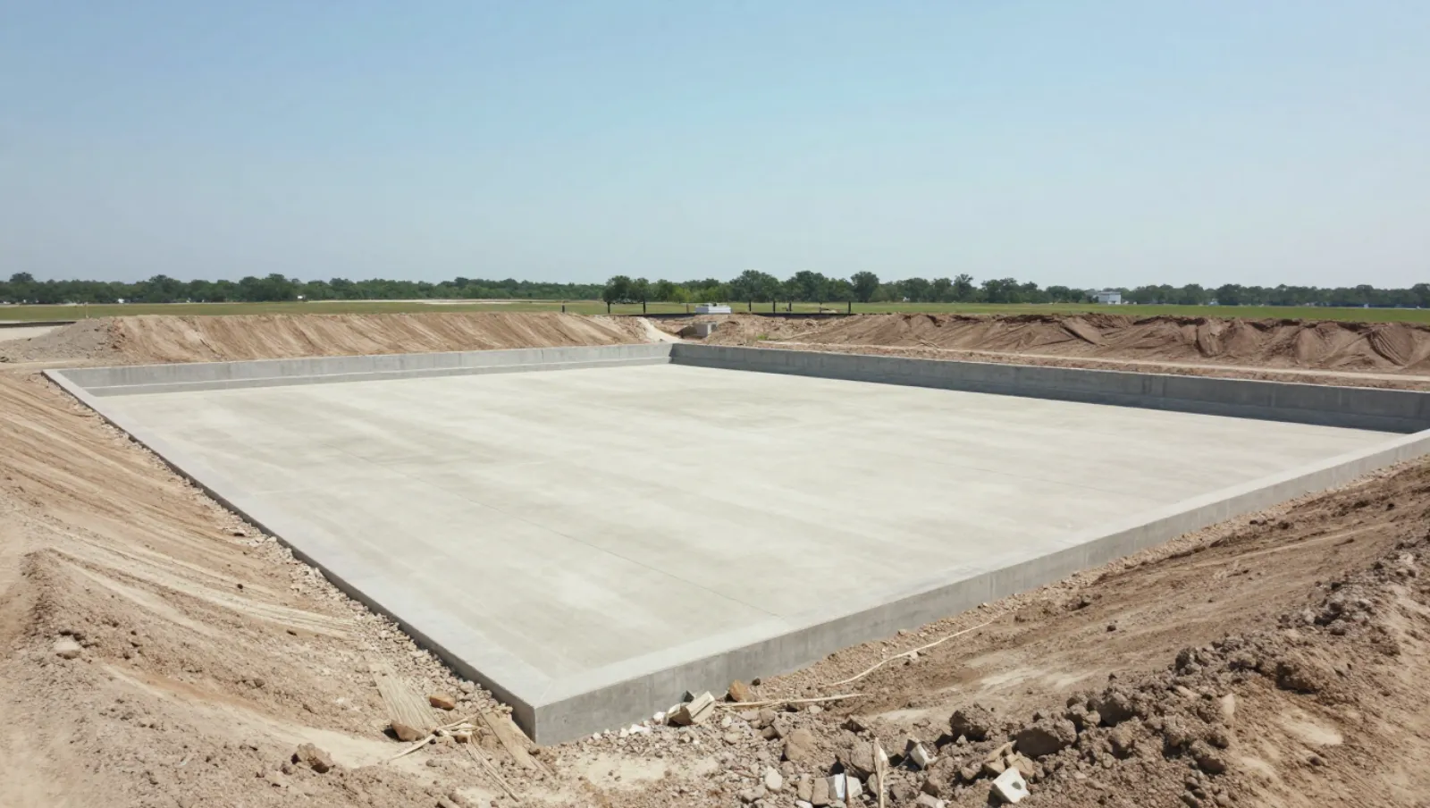 Detention pond construction in Katy, Texas — Daniel Dean Land Clearing Excavated earth surrounds a concrete structure under construction with no visible machinery — detention pond construction in Katy, Texas