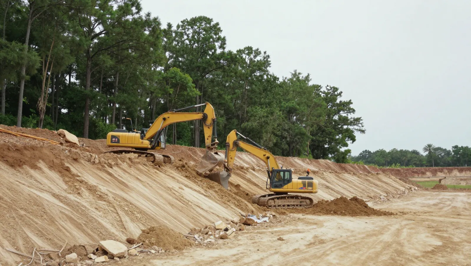Detention pond construction in Montgomery, Texas — work underway Two yellow excavators move soil on a sloped dirt terrain near trees — detention pond construction in Montgomery, Texas