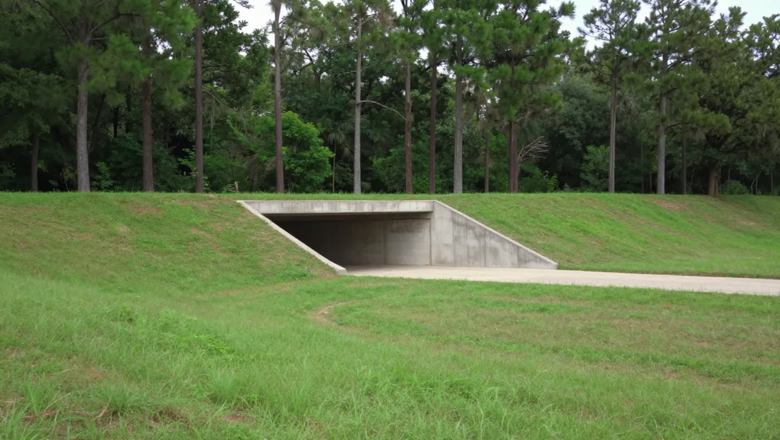 Detention pond construction in Montgomery, Texas — completed work Concrete tunnel entrance set into grassy embankments; terrain is grassy hills, no machinery present — detention pond construction in Montgomery, Texas