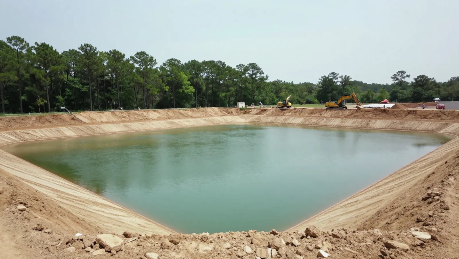 Detention pond construction in Montgomery, Texas — Daniel Dean Land Clearing Yellow excavators build an earth-filled pond with sloped banks during construction — detention pond construction in Montgomery, Texas