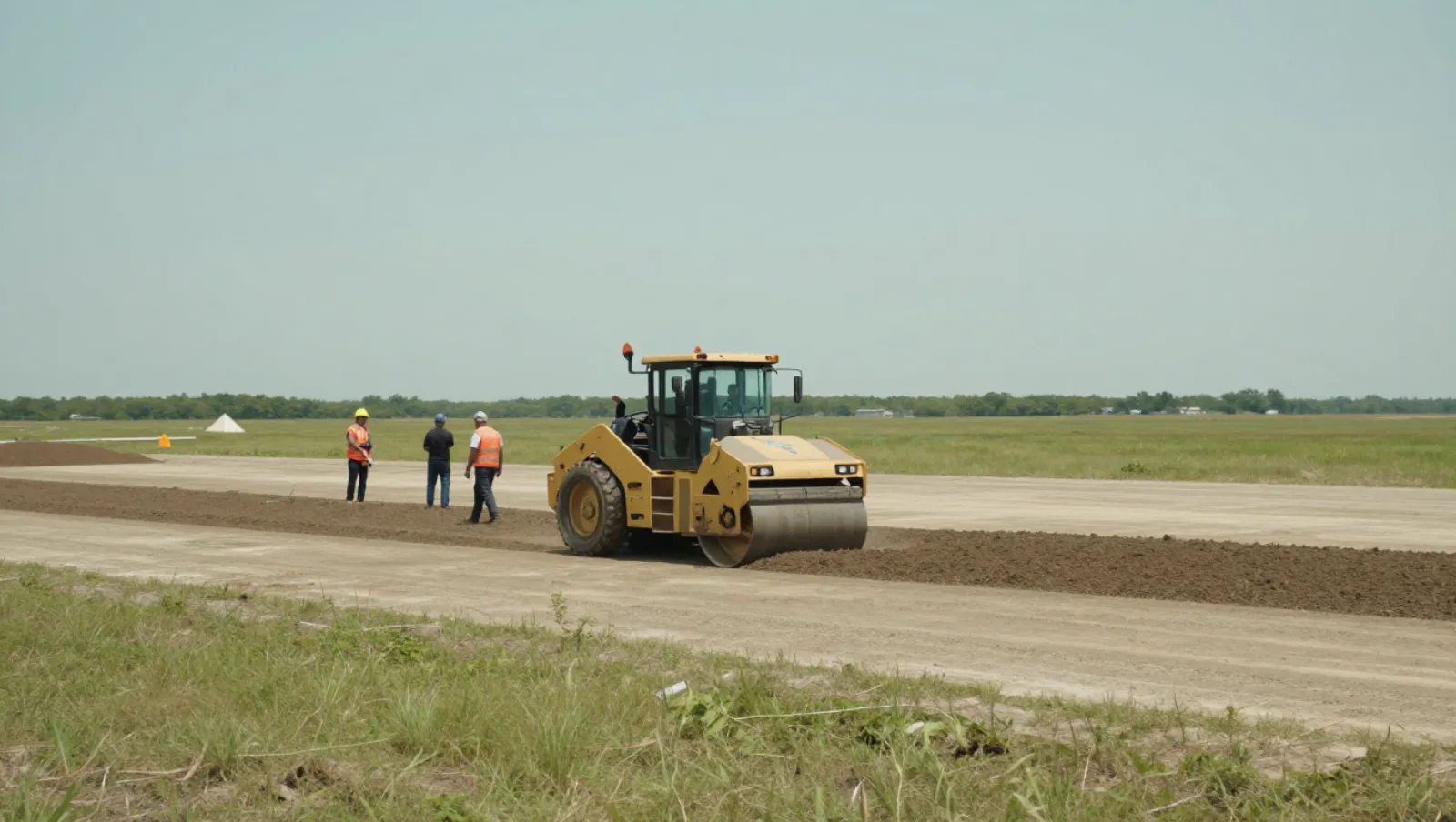 Dirt work in Sealy, Texas — work underway Yellow roller compactor compacts soil on open flat terrain as three workers observe nearby — dirt work and land grading in Sealy, Texas
