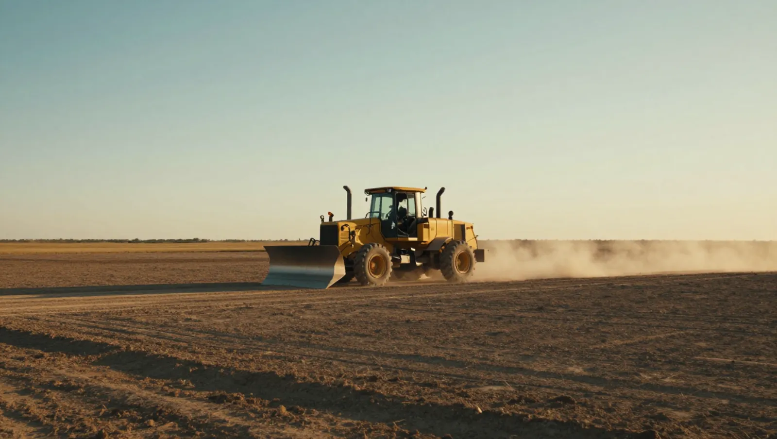 Dirt work in Sealy, Texas — Daniel Dean Land Clearing Yellow bulldozer moves across dry farmland leveling the soil — dirt work and land grading in Sealy, Texas