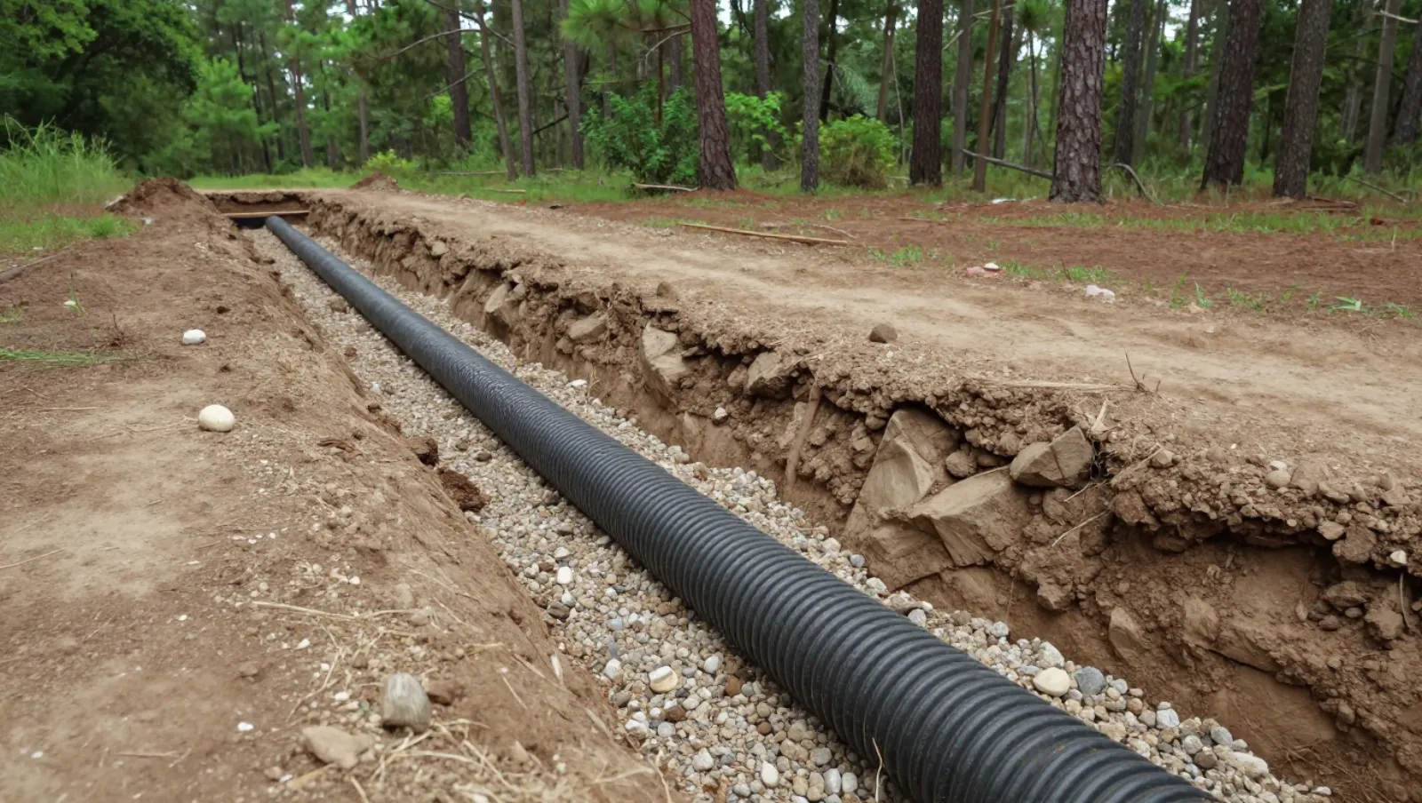 Drainage in Conroe, Texas — work underway Black corrugated pipe installed in gravel-lined trench on forest edge terrain for pipeline work — yard and property drainage in Conroe, Texas