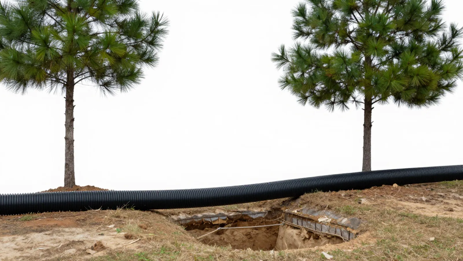 Drainage in Conroe, Texas — Daniel Dean Land Clearing Black corrugated pipe laid across grassy terrain with pine trees during underground pipeline installation work — yard and property drainage in Conroe, Texas
