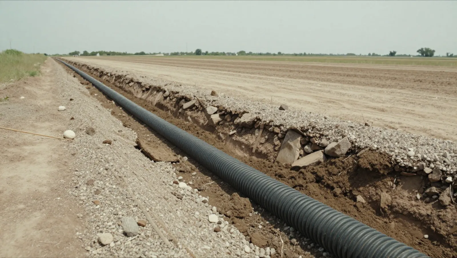 Drainage in Cypress, Texas — work underway Black corrugated irrigation pipe laid in trench across flat farmland for field watering — yard and property drainage in Cypress, Texas