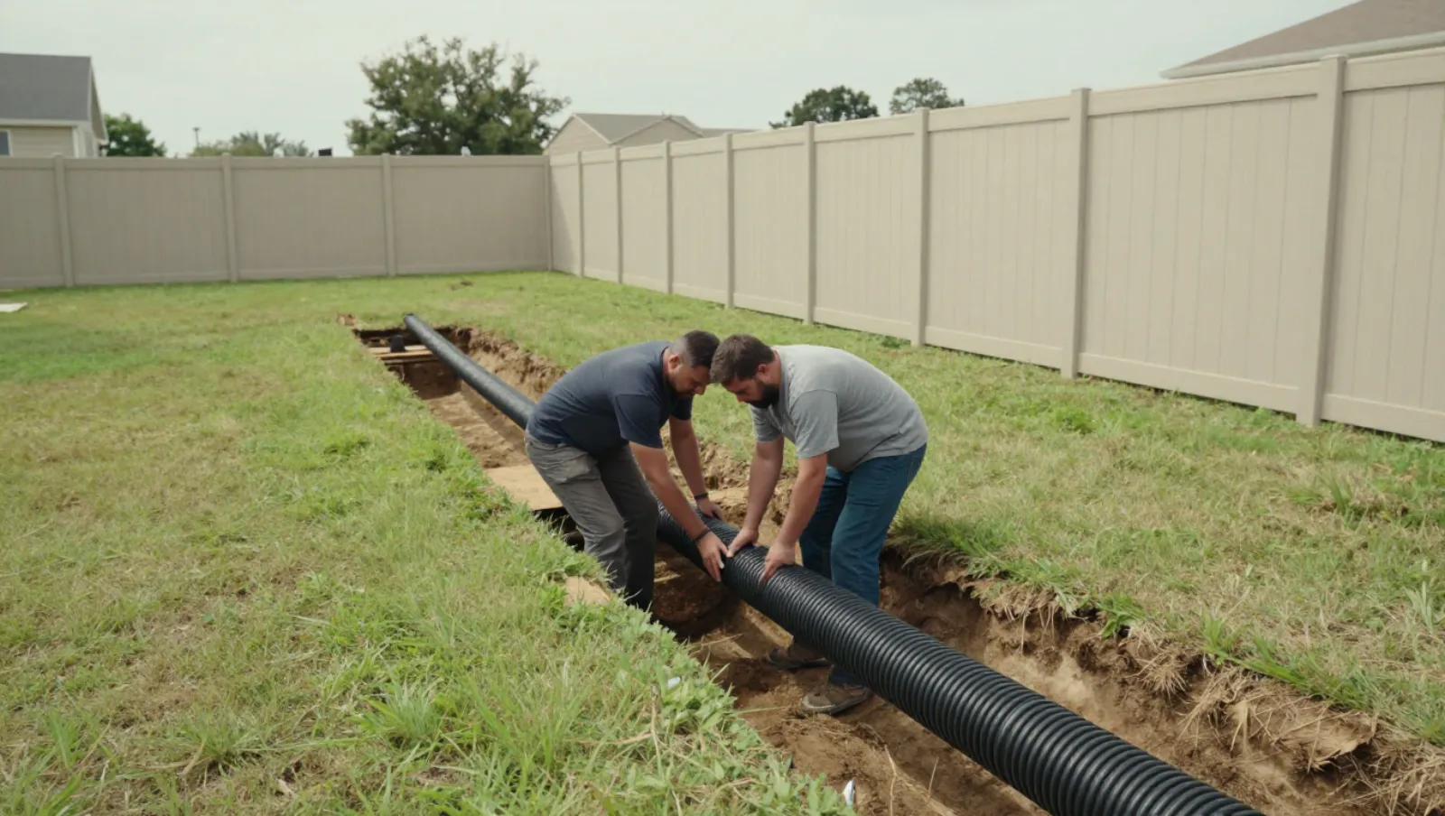 Drainage in Cypress, Texas — Daniel Dean Land Clearing Two workers install a black corrugated drainage pipe in a grassy backyard near a fence — yard and property drainage in Cypress, Texas