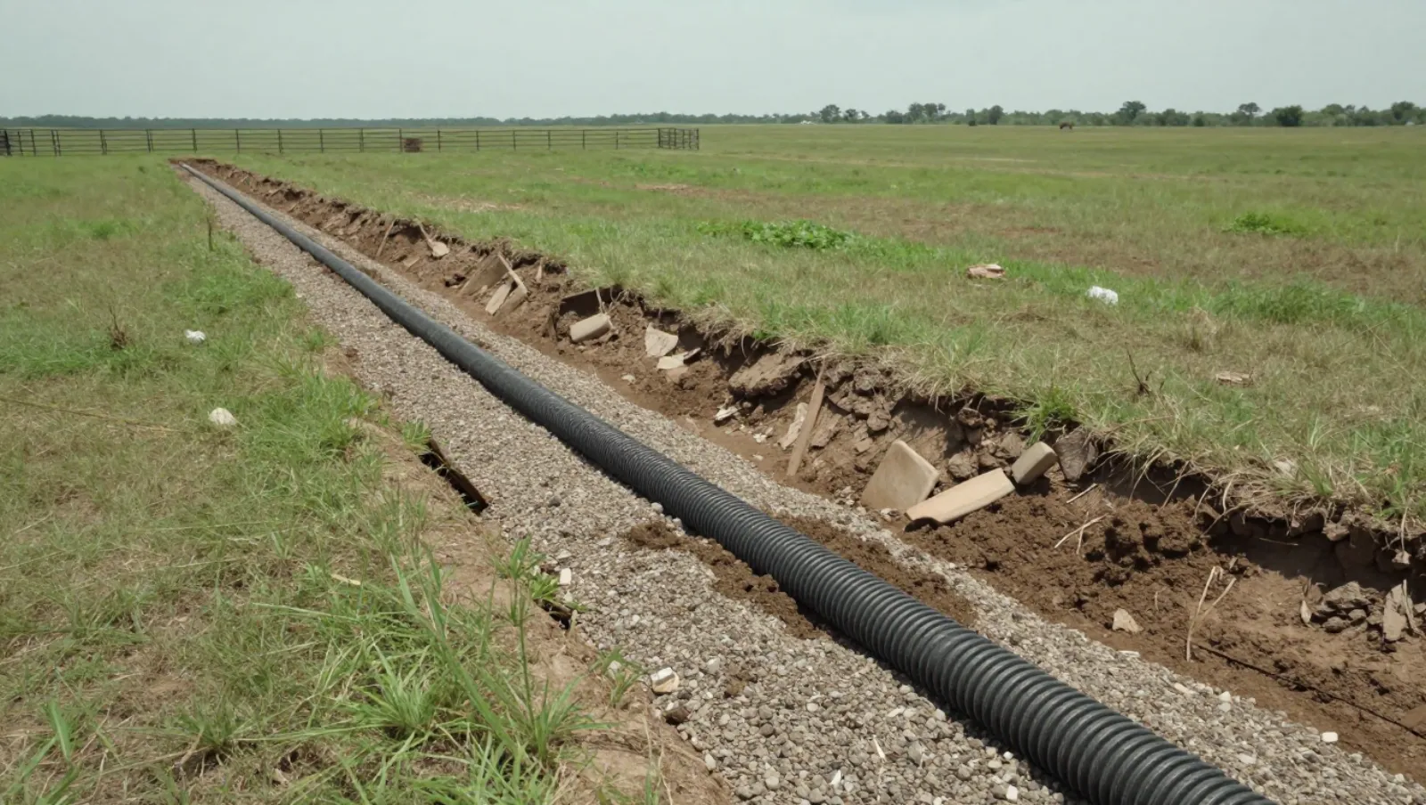 Drainage in Fulshear, Texas — work underway Black corrugated pipe laid in gravel-lined trench across grassy field for pipeline installation — yard and property drainage in Fulshear, Texas