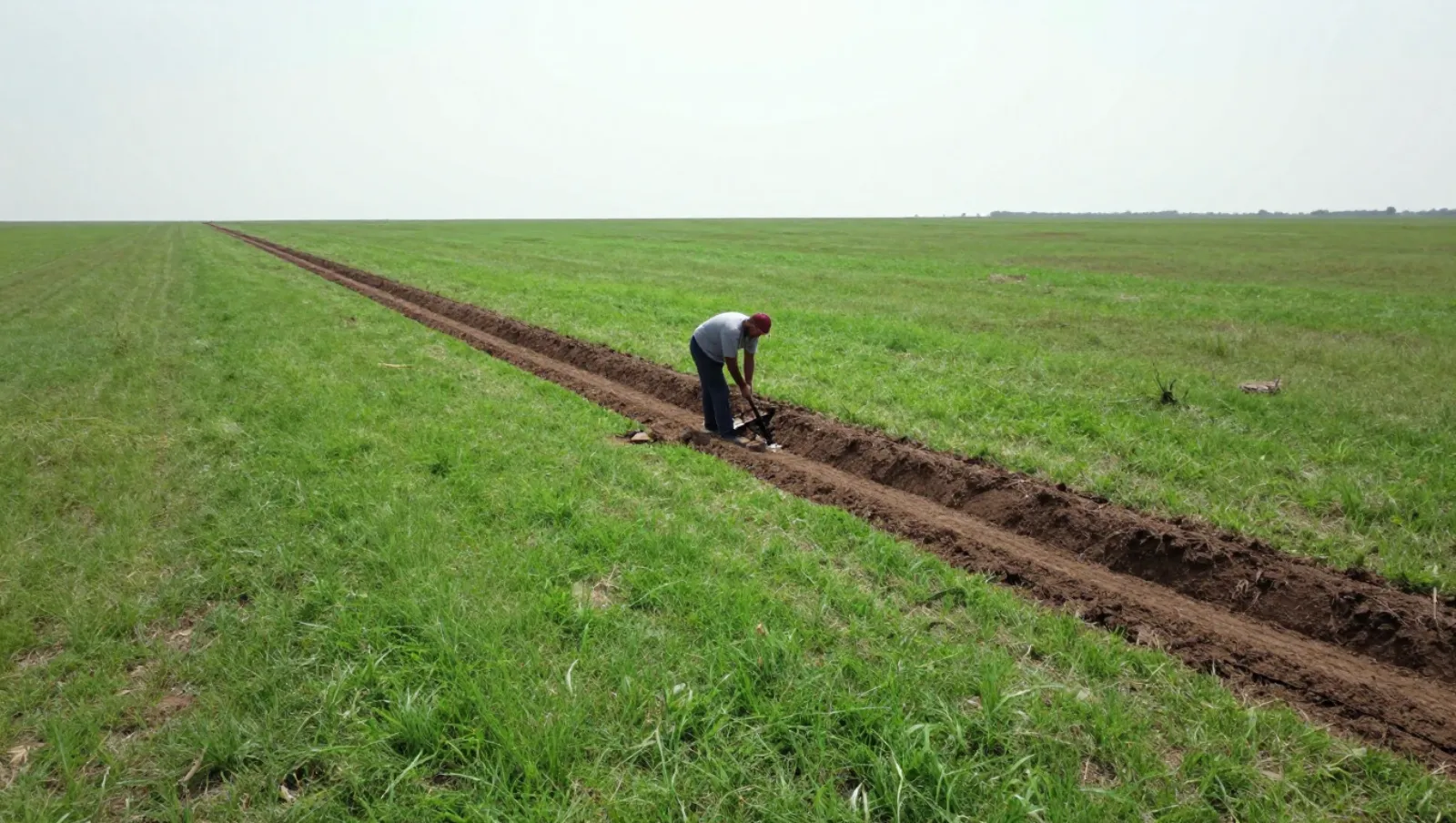 Drainage in Fulshear, Texas — Daniel Dean Land Clearing Worker uses a hoe to form furrows in a grassy field for planting — yard and property drainage in Fulshear, Texas