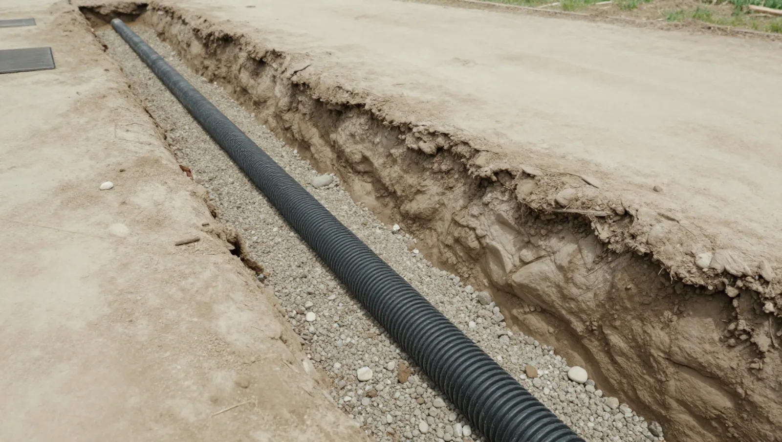 Drainage in Houston, Texas — work underway Black corrugated drainage pipe laid in an excavated earthen trench with gravel bed — yard and property drainage in Houston, Texas