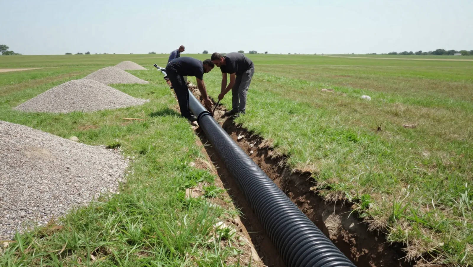 Drainage in Houston, Texas — Daniel Dean Land Clearing Workers install a large black corrugated pipe in an open grassy field with gravel piles — yard and property drainage in Houston, Texas