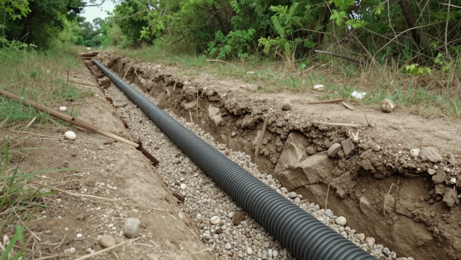 Drainage in Humble, Texas — work underway A black corrugated pipeline is installed in a gravel-lined trench on rural earth; no machinery used for the work — yard and property drainage in Humble, Texas