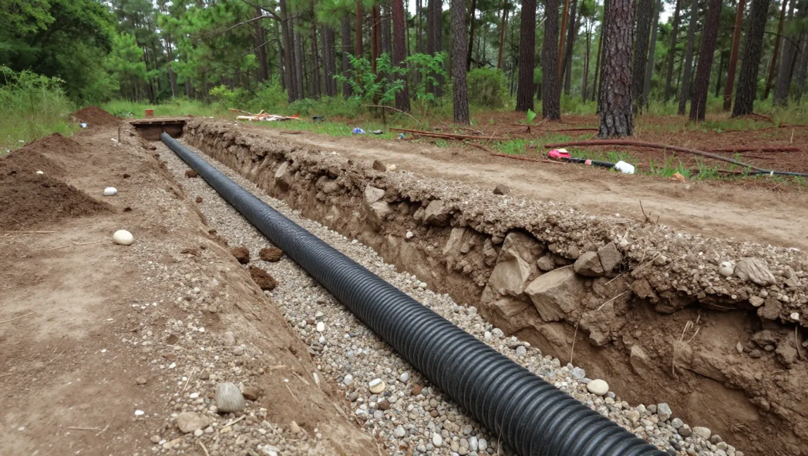 Drainage in Spring, Texas — work underway Black corrugated pipe laid in gravel trench amid forest terrain for manual pipeline installation using shovels — yard and property drainage in Spring, Texas