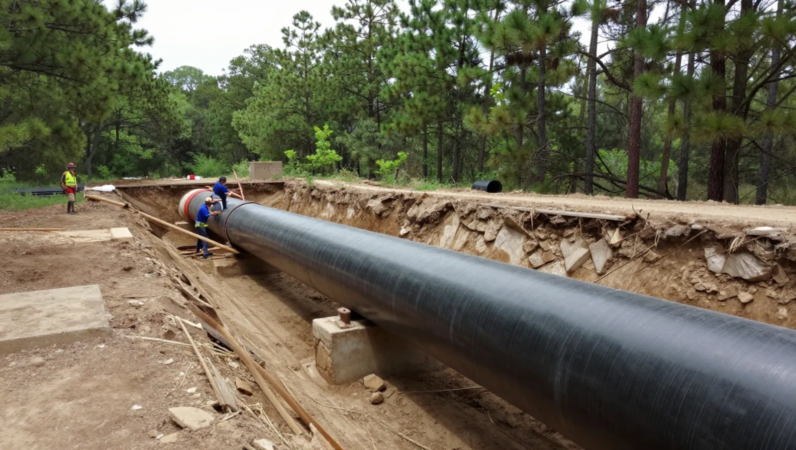 Drainage in Spring, Texas — Daniel Dean Land Clearing Workers install a large black pipeline in a forested trench with excavated dirt terrain — yard and property drainage in Spring, Texas
