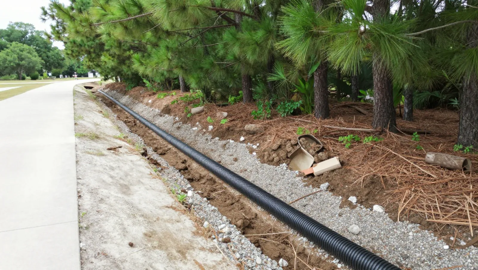Drainage in The Woodlands, Texas — work underway Black corrugated pipe installed in gravel bed beside paved path, surrounded by pine trees for drainage work — yard and property drainage in The Woodlands, Texas