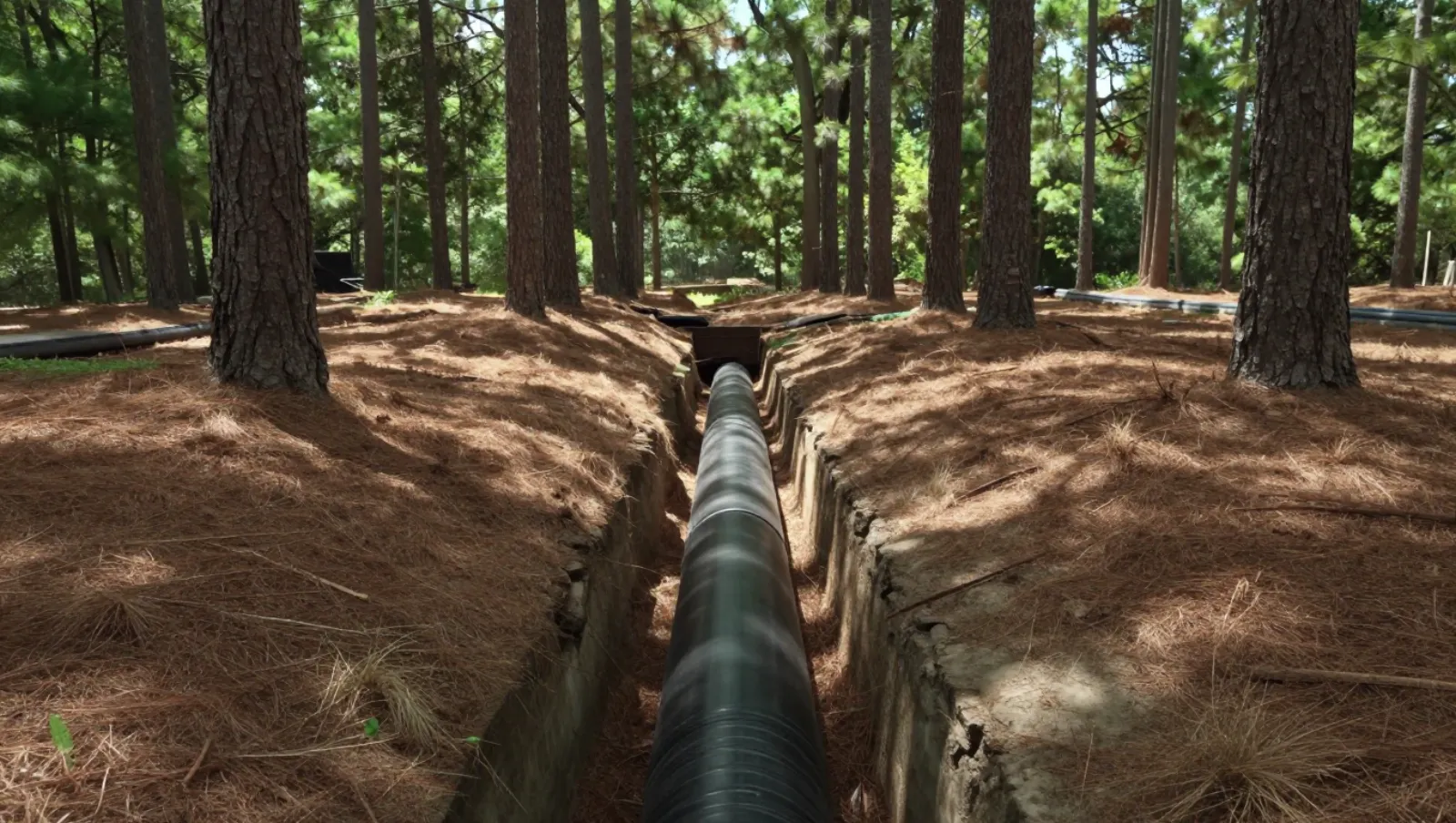 Drainage in The Woodlands, Texas — Daniel Dean Land Clearing Drainage pipes installed in a trench through a pine forest on dry soil terrain — yard and property drainage in The Woodlands, Texas