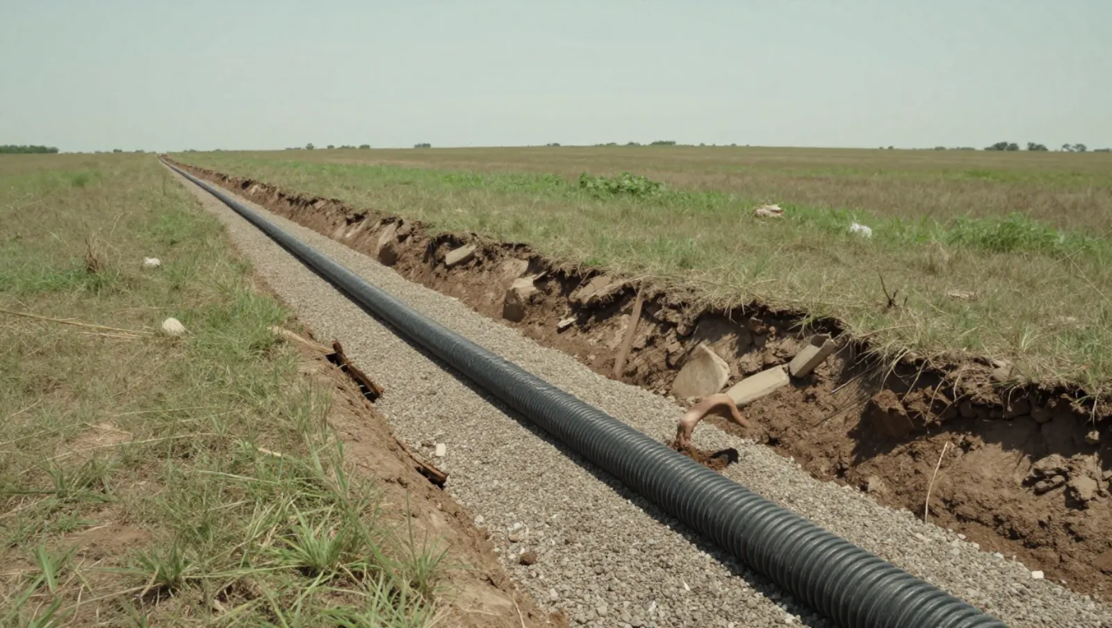 Drainage in Waller, Texas — work underway Black corrugated pipeline installed in gravel trench across open grassland for utility infrastructure work — yard and property drainage in Waller, Texas