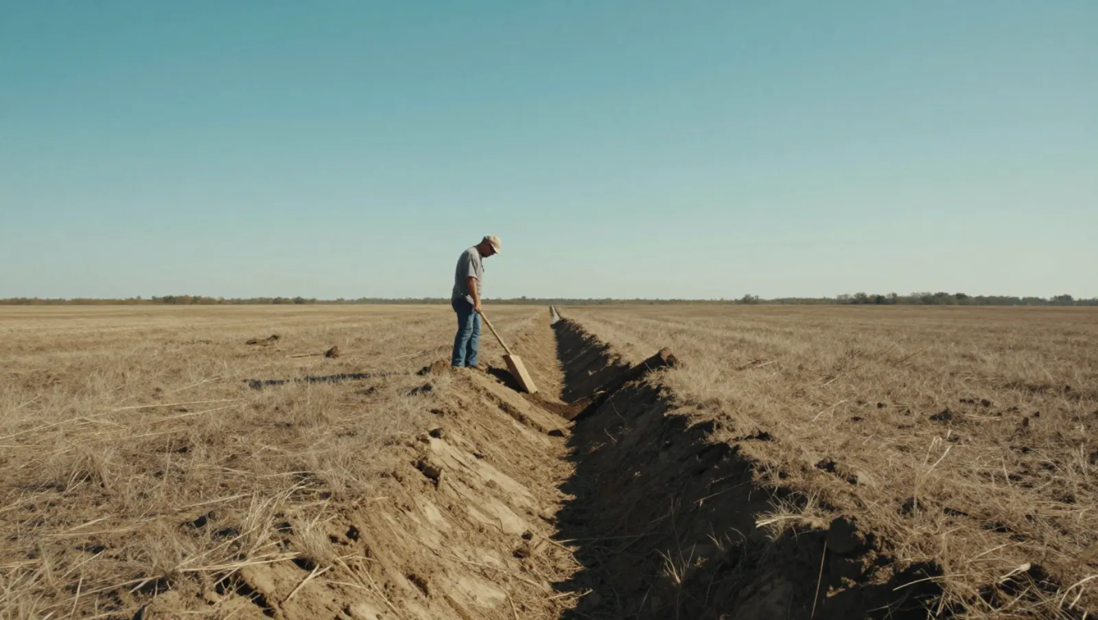 Drainage in Waller, Texas — Daniel Dean Land Clearing A man digs a trench with a shovel in an open dry field — yard and property drainage in Waller, Texas
