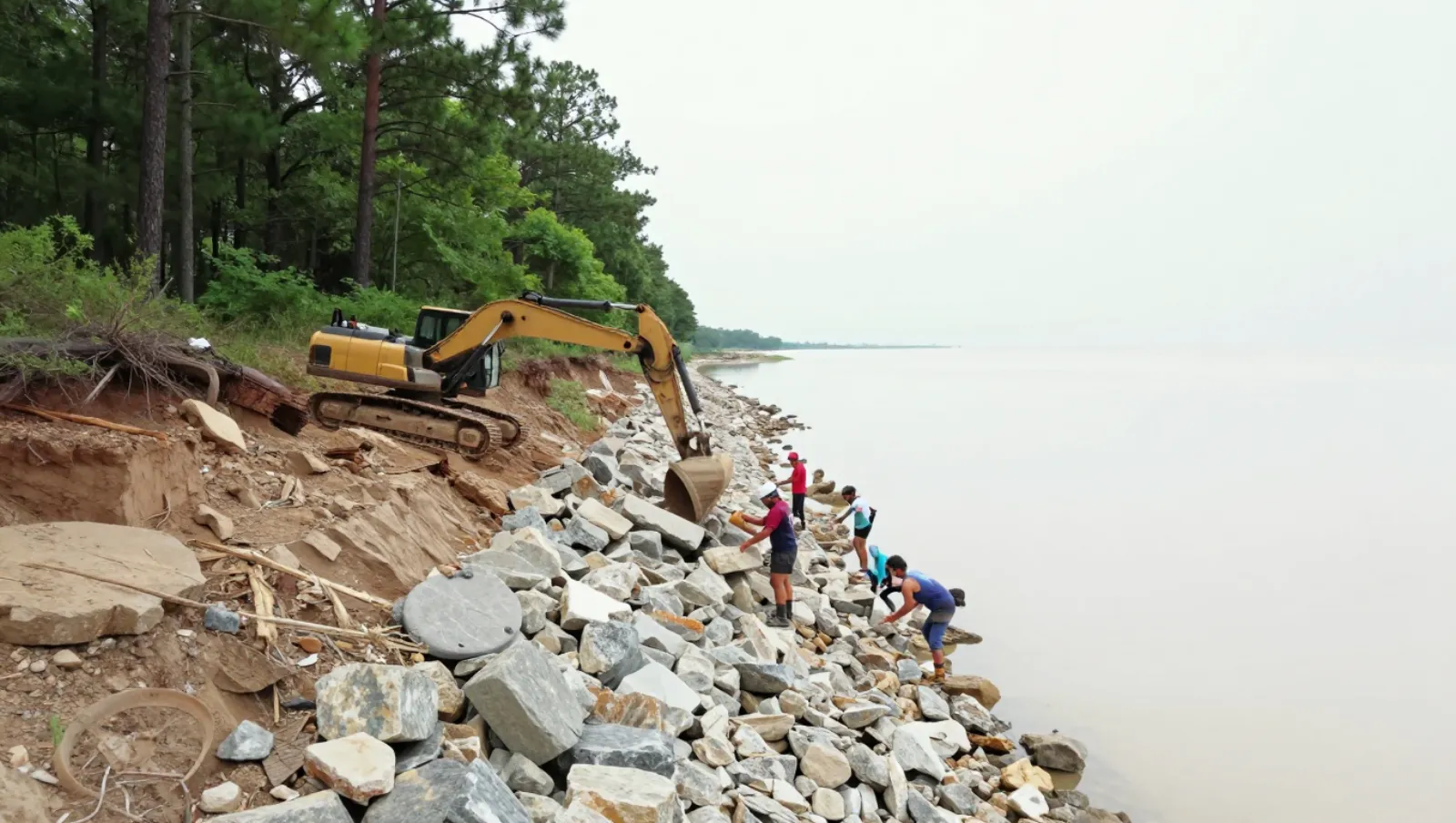 Erosion control in Conroe, Texas — work underway Yellow excavator on rocky riverbank slope as workers place stones near water — erosion control in Conroe, Texas