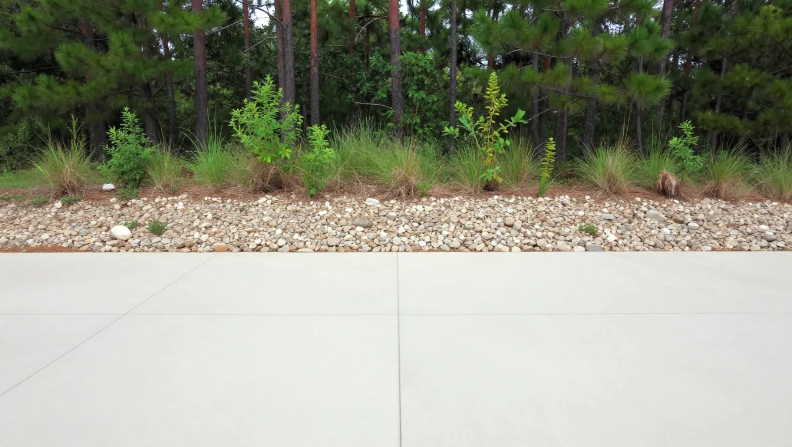 Erosion control in Conroe, Texas — completed work Gravel bed with shrubs borders concrete; terrain features landscaped vegetation, work involves planting no machinery — erosion control in Conroe, Texas