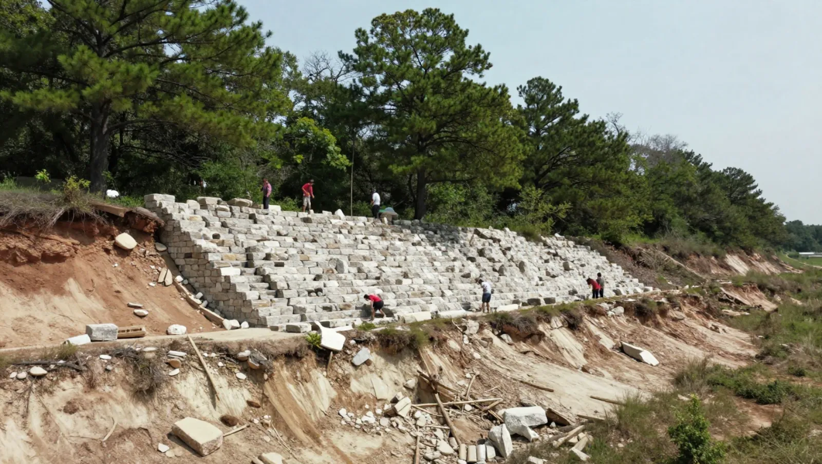 Erosion control in Conroe, Texas — Daniel Dean Land Clearing Workers build stone retaining walls on a sloped earth terrain with trees; no machinery visible — erosion control in Conroe, Texas