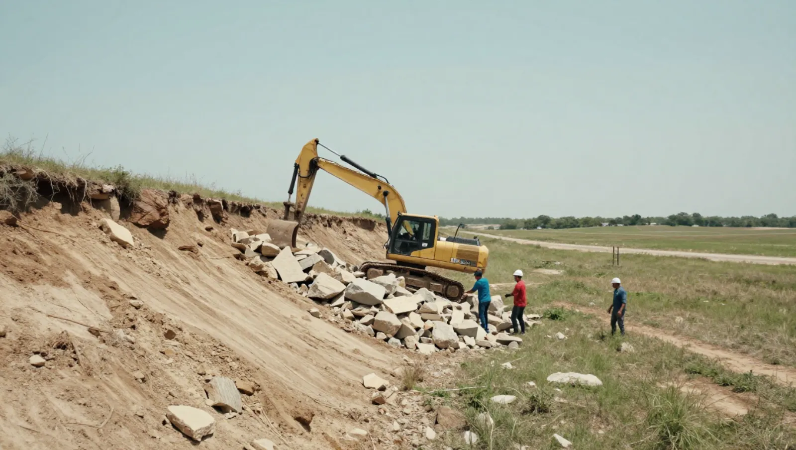 Erosion control in Katy, Texas — work underway A yellow excavator moves large rocks on a grassy field with an eroded slope — erosion control in Katy, Texas