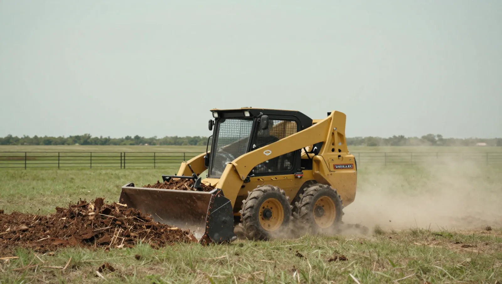 Land clearing in Fulshear, Texas — work underway A yellow skid steer loader pushes debris across a grassy field near fences — land clearing in Fulshear, Texas