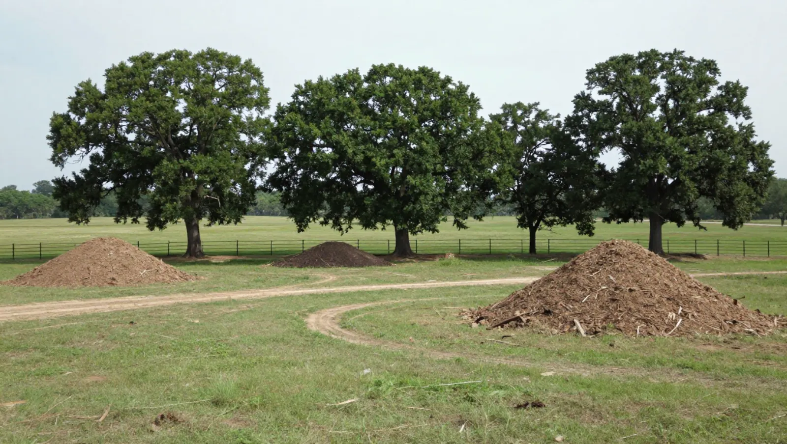 Land clearing in Fulshear, Texas — completed work Grassy field with dirt paths, fence, three soil piles; no machinery used for landscaping work — land clearing in Fulshear, Texas