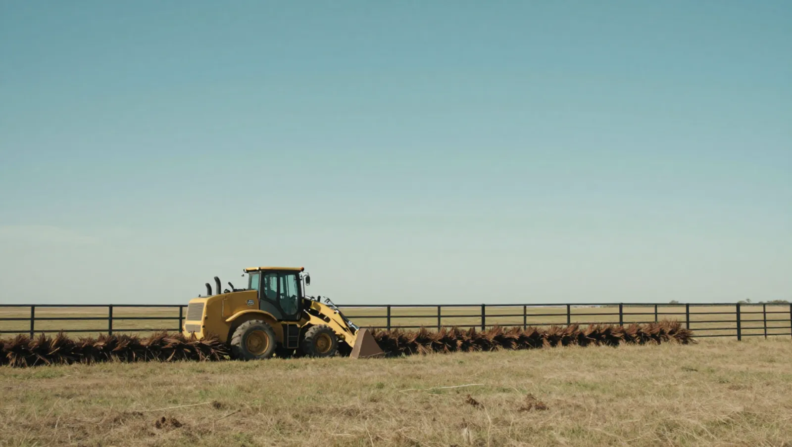 Land clearing in Fulshear, Texas — Daniel Dean Land Clearing Yellow front loader moves hay bales across a grassy field under clear sky — land clearing in Fulshear, Texas