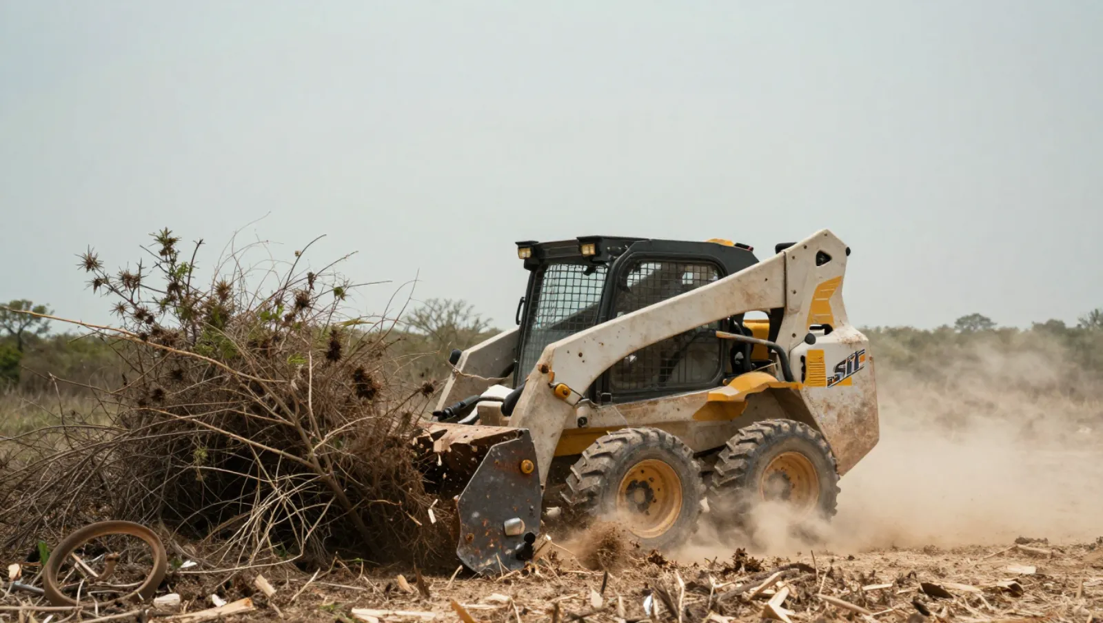 Land clearing in Humble, Texas — work underway STI skid steer loader clears brush from dry, dusty terrain — land clearing in Humble, Texas