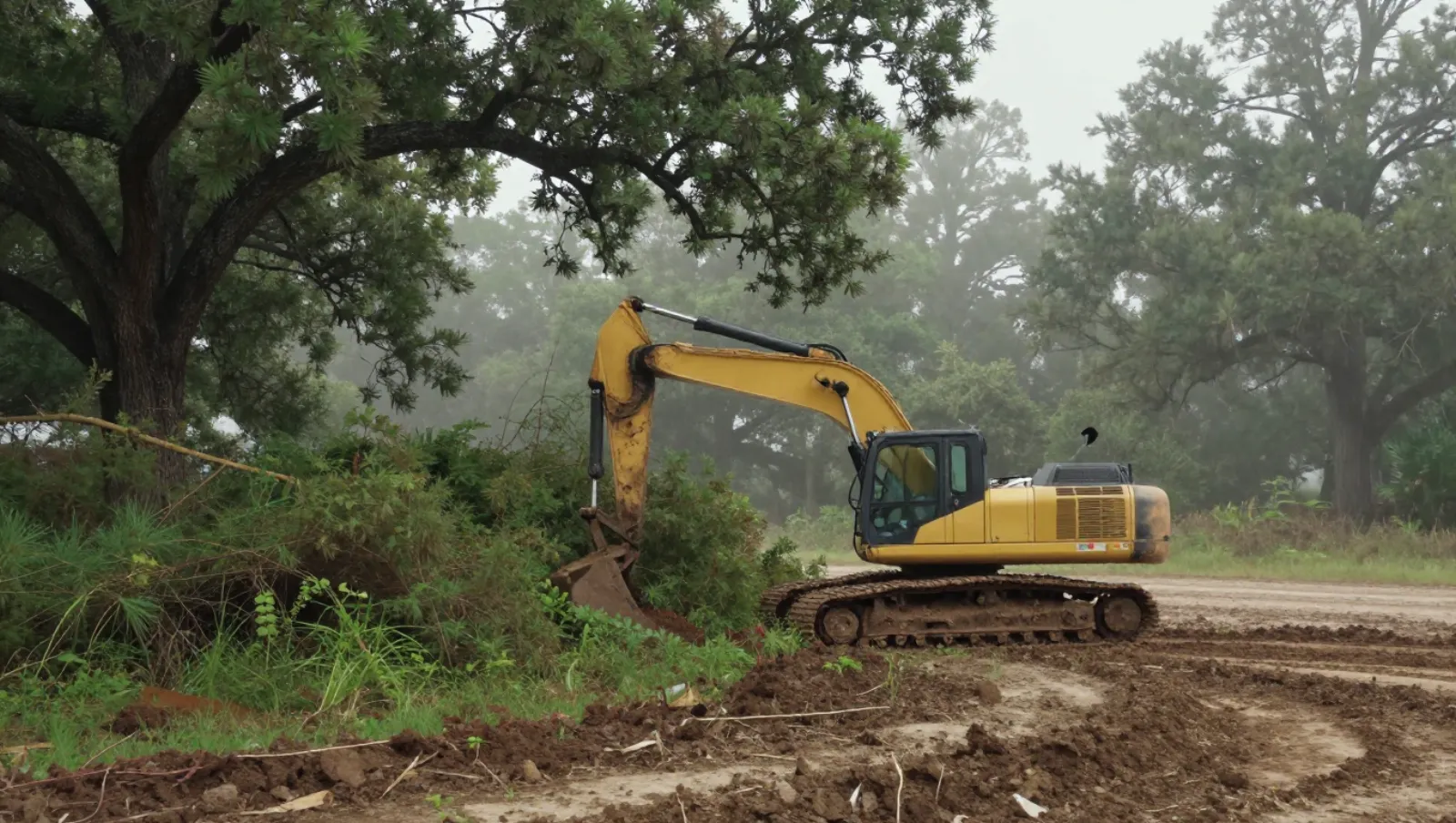 Land clearing in Humble, Texas — Daniel Dean Land Clearing Yellow excavator excavates soil on muddy ground amid large trees — land clearing in Humble, Texas