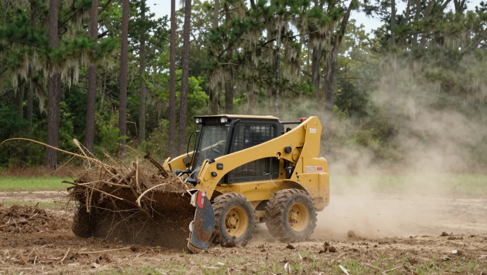Land clearing in Montgomery, Texas — work underway Yellow front-end loader moves brush across a dusty, muddy field with trees nearby — land clearing in Montgomery, Texas