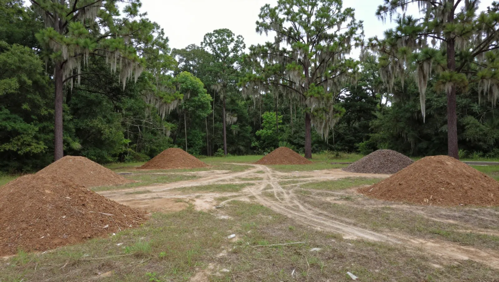 Land clearing in Montgomery, Texas — completed work Gravel piles on grassy forested terrain; tire tracks show earthmoving work with no visible machinery — land clearing in Montgomery, Texas