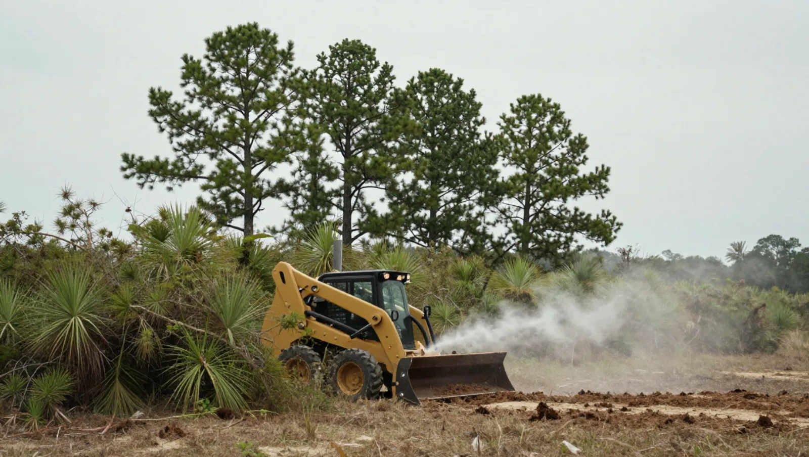 Land clearing in Montgomery, Texas — Daniel Dean Land Clearing A yellow skid-steer loader pushes dirt across dry terrain with scattered pines and shrubs — land clearing in Montgomery, Texas