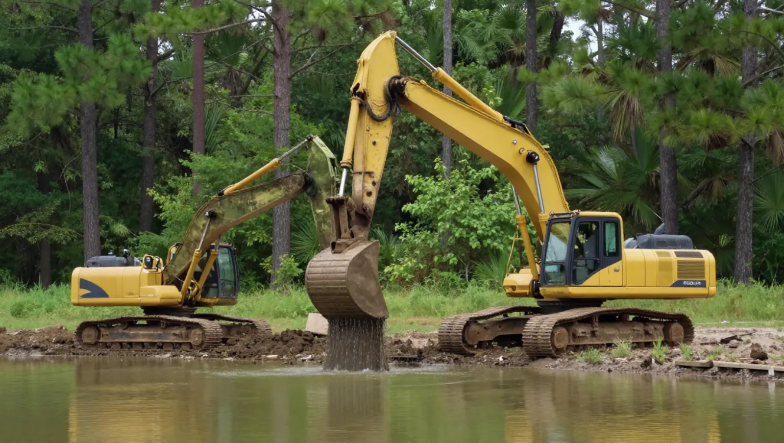 Pond services in Conroe, Texas — work underway Two yellow excavators operate on muddy terrain beside a pond; one lifts mud from the water — pond dredging and construction in Conroe, Texas