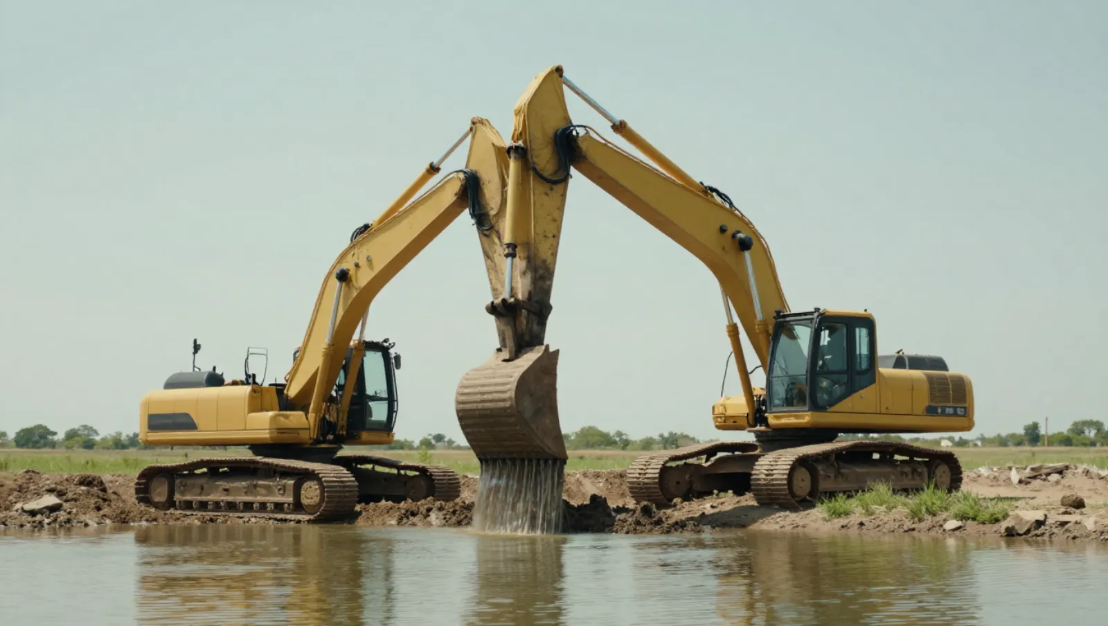 Pond services in Dayton, Texas — work underway Two yellow excavators operate on muddy terrain beside water, one dredging mud into it — pond dredging and construction in Dayton, Texas