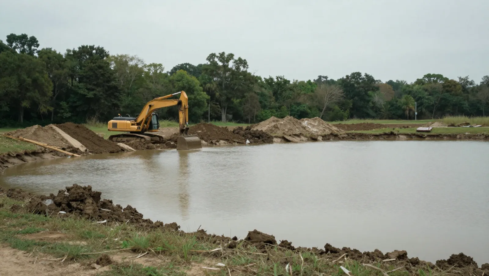 Pond services in Dayton, Texas — Daniel Dean Land Clearing Yellow excavator moves earth beside a murky water body with muddy banks — pond dredging and construction in Dayton, Texas