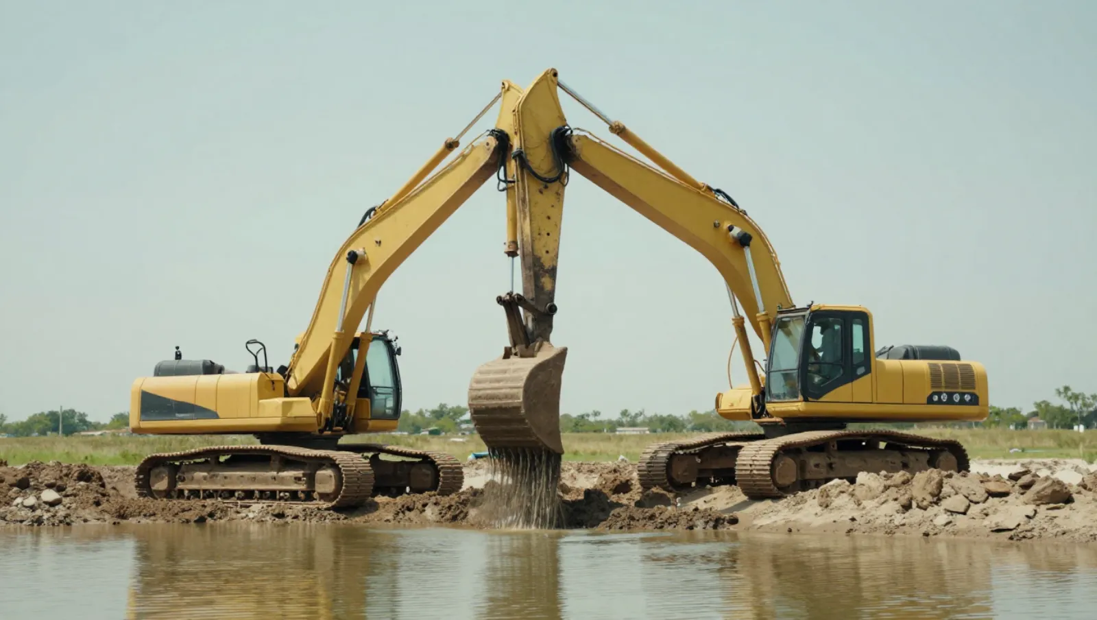 Pond services in Houston, Texas — work underway Two yellow excavators operate on muddy terrain near water, extracting sediment into a body of water — pond dredging and construction in Houston, Texas