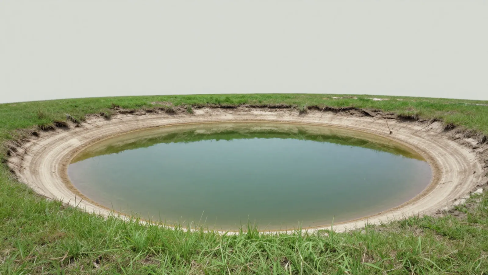 Pond services in Houston, Texas — completed work Earthwork machinery excavated a circular water-filled depression in grassland terrain — pond dredging and construction in Houston, Texas