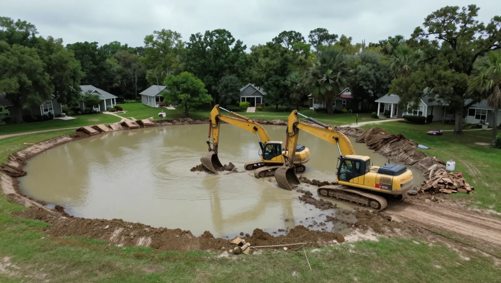 Pond services in Houston, Texas — Daniel Dean Land Clearing Two yellow excavators dig a muddy water-filled circular pit on grassy ground — pond dredging and construction in Houston, Texas