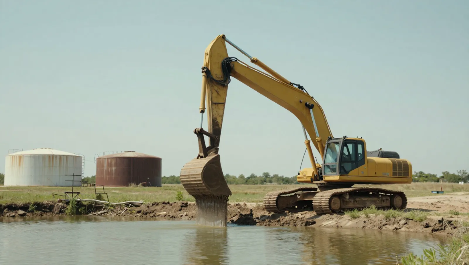 Pond services in Richmond, Texas — work underway Yellow excavator dredges sediment from a water body on muddy terrain with storage tanks visible — pond dredging and construction in Richmond, Texas