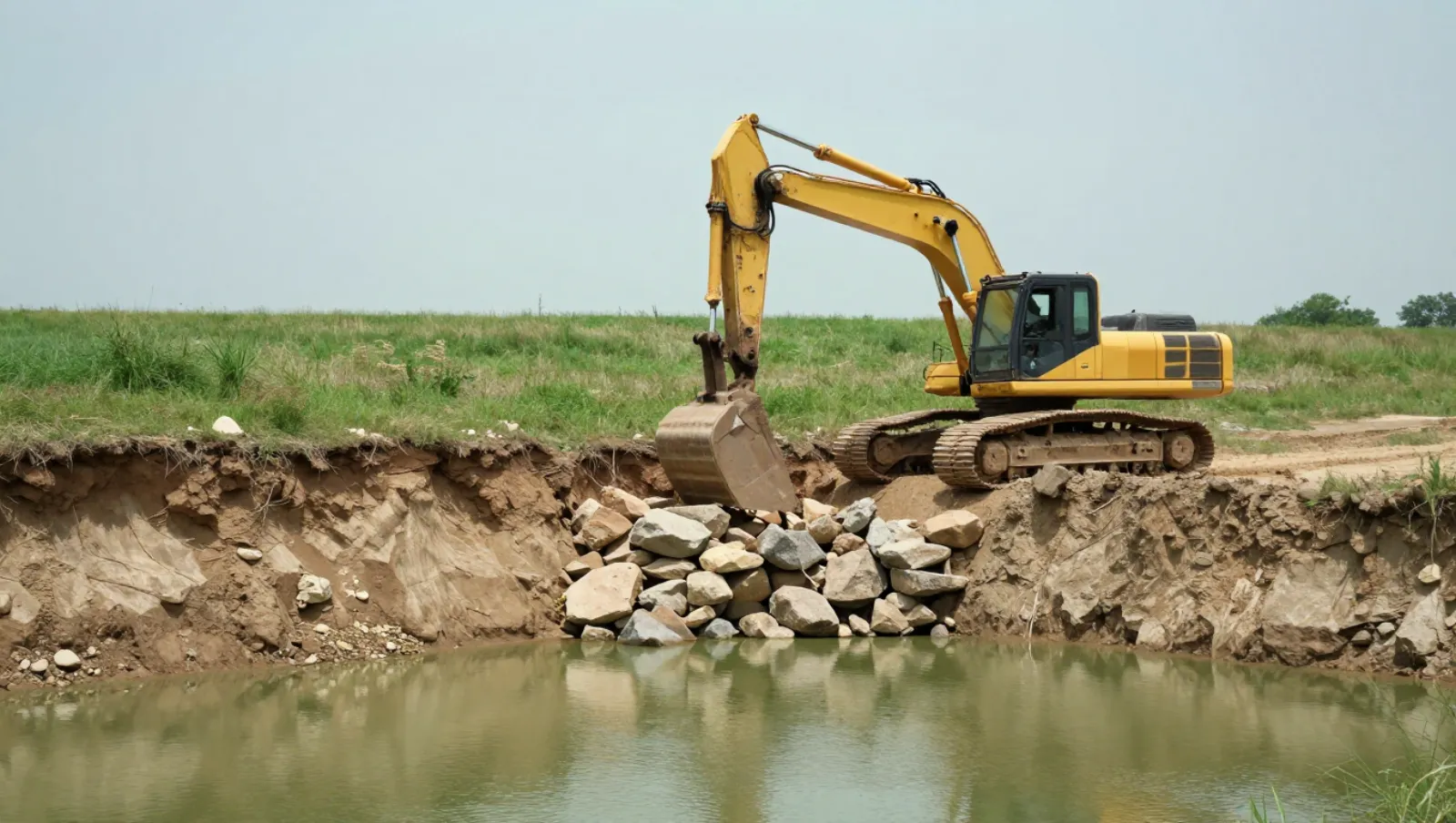 Pond services in Richmond, Texas — Daniel Dean Land Clearing Yellow excavator moves rocks on a muddy bank beside water with grassy terrain — pond dredging and construction in Richmond, Texas