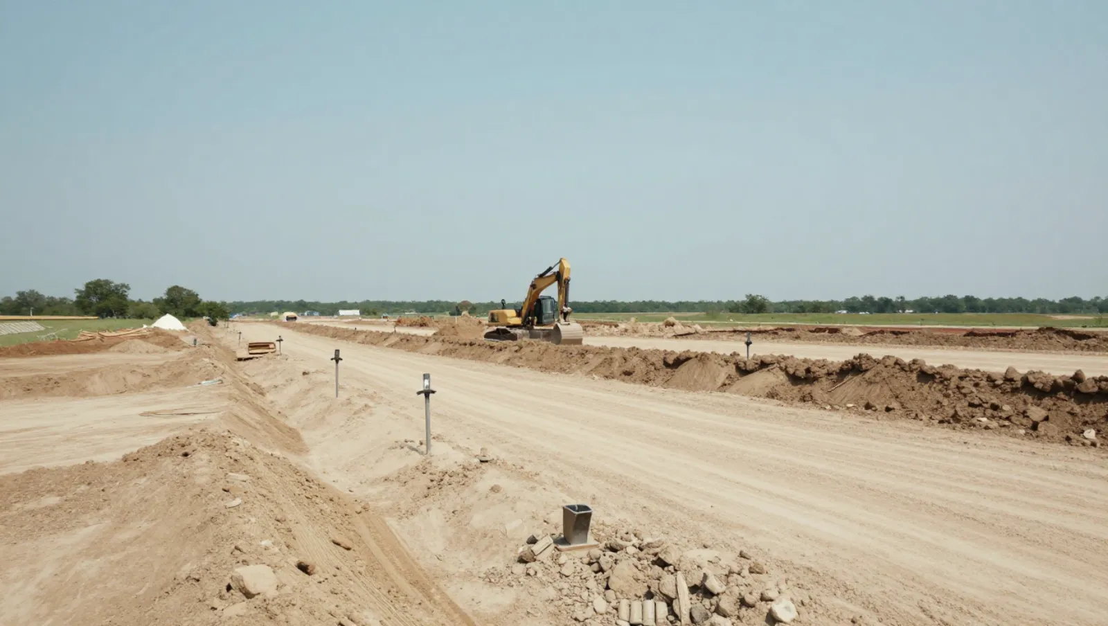 Excavation and site development in Atascocita, Texas — work underway Excavator moves earth on a sandy construction site with ditches and piled soil work — excavation and site development in Atascocita, Texas